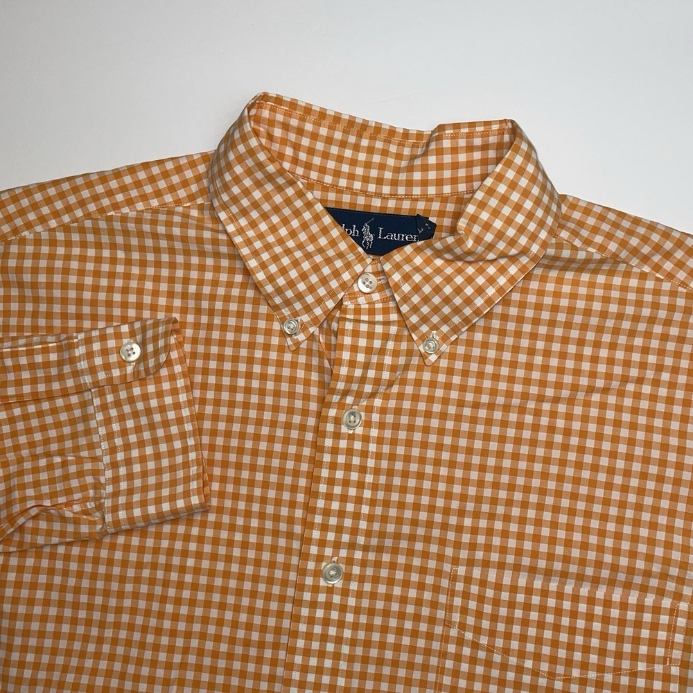 Polo Ralph Lauren Shirt Men's XL Classic Fit Orange Gingham Check Long‎ Sleeve